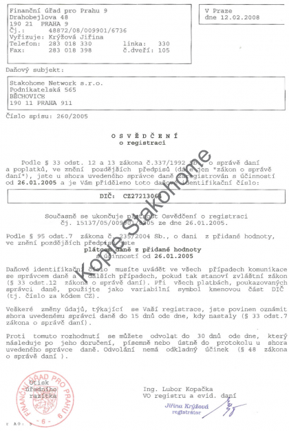 Osvědčení o registraci Osvědčení o registraci